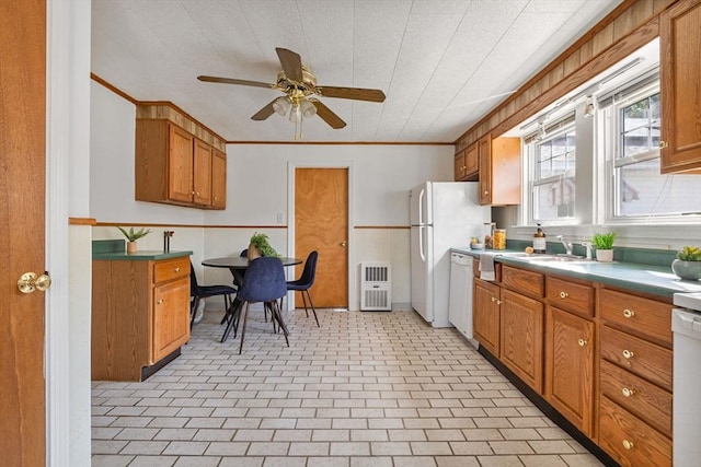 225 W Main St, Dudley, MA 01571 - kitchen featuring brown cabinetry, ceiling fan, crown molding, and white appliances