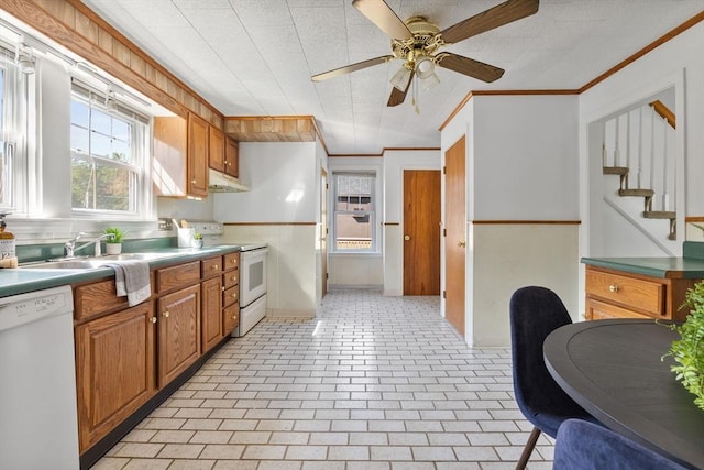 225 W Main St, Dudley, MA 01571 - kitchen with white appliances, under cabinet range hood, a wainscoted wall, brown cabinetry, and ornamental molding