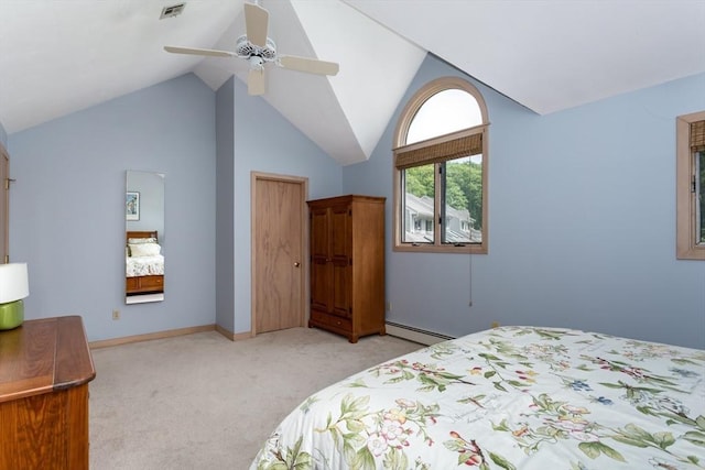 3 Dogwood Cir Unit 3, Franklin, MA 02038 - bedroom with a baseboard heating unit, light colored carpet, vaulted ceiling, a ceiling fan, and baseboards
