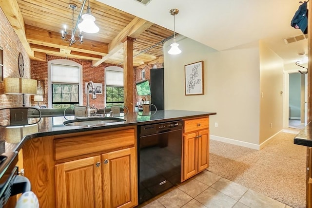 14 Sanford St Unit 21, Medway, MA 02053 - kitchen with dishwasher, a sink, brick wall, light colored carpet, and light tile patterned floors