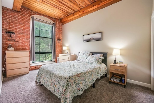14 Sanford St Unit 21, Medway, MA 02053 - carpeted bedroom featuring brick wall, wood ceiling, and baseboards