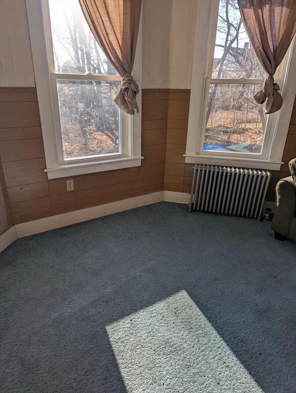 carpeted empty room with plenty of natural light, radiator heating unit, and wood walls