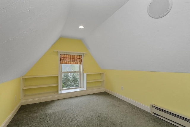 bonus room featuring carpet, baseboards, a baseboard heating unit, vaulted ceiling, and recessed lighting