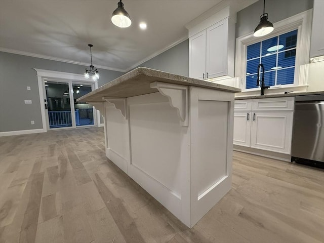 24 Cooper Rd, Webster, MA 01570 - kitchen with dishwasher, a sink, crown molding, white cabinets, and hanging light fixtures