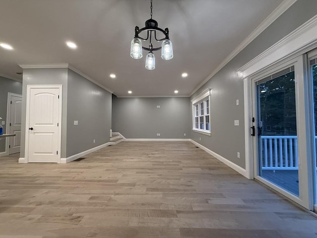 24 Cooper Rd, Webster, MA 01570 - unfurnished room featuring crown molding, a chandelier, light wood finished floors, recessed lighting, and baseboards