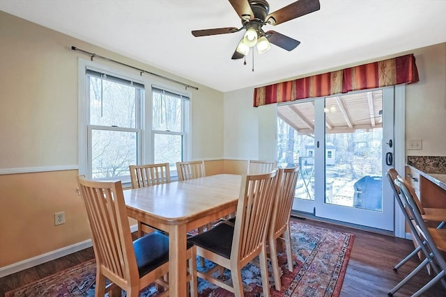 dining area featuring dark wood-type flooring and ceiling fan