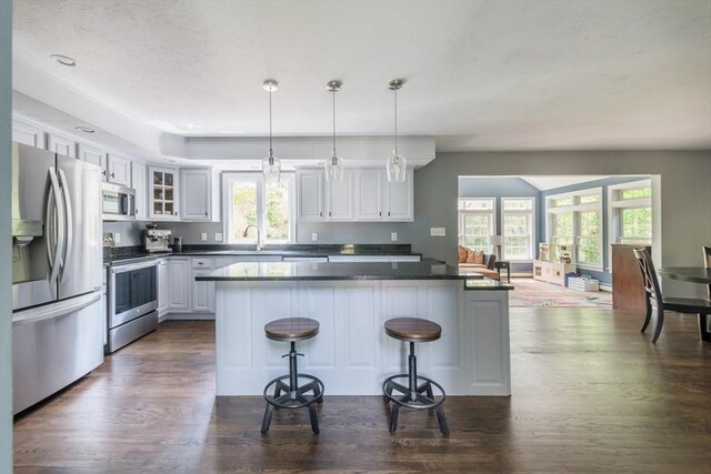 116 Fairview Ln, Plymouth, MA 02360 - kitchen featuring stainless steel appliances, dark wood-type flooring, healthy amount of natural light, and a breakfast bar area