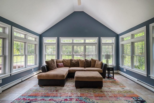 116 Fairview Ln, Plymouth, MA 02360 - sunroom / solarium featuring vaulted ceiling, a baseboard heating unit, and plenty of natural light