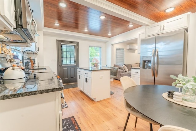 kitchen featuring a kitchen island, stainless steel appliances, white cabinets, and wood ceiling