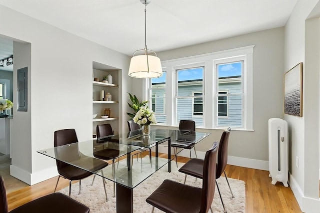 216 Cedar St Unit 3, Somerville, MA 02144 - dining area with light wood-style floors, electric panel, and built in shelves