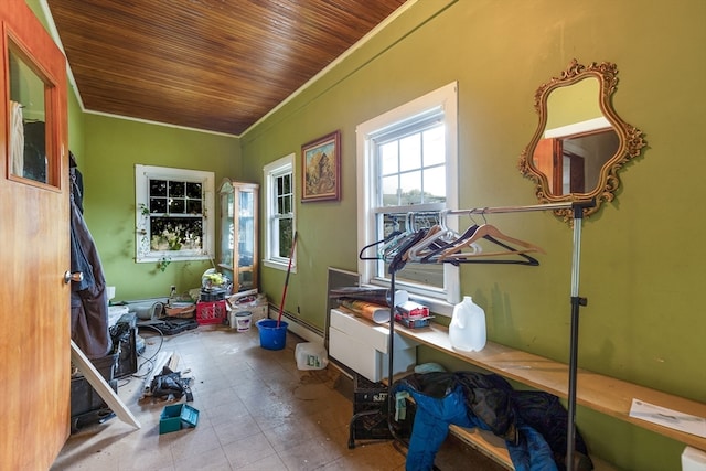 misc room featuring wooden ceiling and ornamental molding