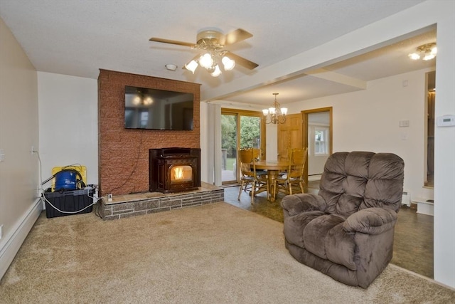 12 Allen St, Chicopee, MA 01020 - carpeted living room with a chandelier, a wood stove, and ceiling fan
