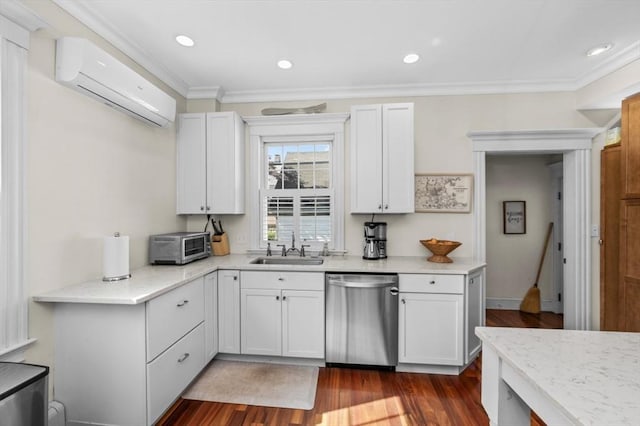 kitchen featuring dishwasher, a wall unit AC, a sink, crown molding, and dark wood-type flooring