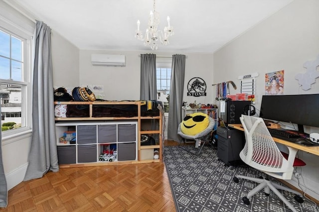 bedroom featuring a chandelier, a wall mounted air conditioner, and an office area
