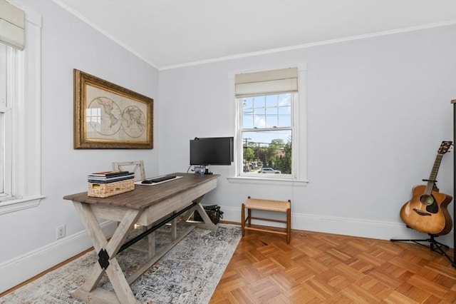 home office featuring ornamental molding and baseboards