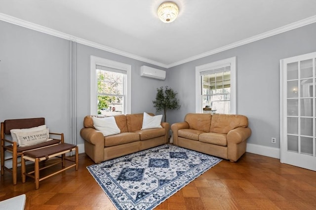 living room with a wall unit AC, ornamental molding, healthy amount of natural light, and baseboards