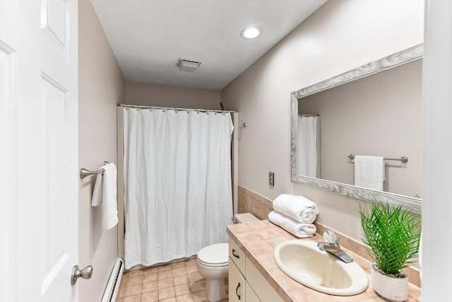 11 Running Stream Rd, Rehoboth, MA 02769 - full bathroom featuring a baseboard heating unit, vanity, tile patterned floors, and recessed lighting