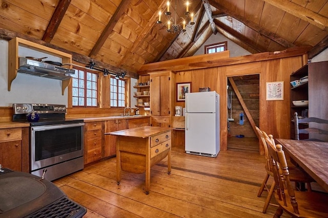 kitchen featuring butcher block countertops, wooden ceiling, freestanding refrigerator, electric stove, and open shelves