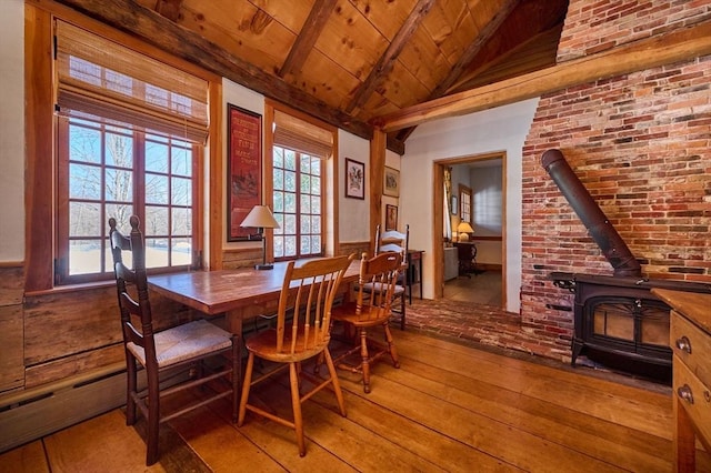 dining room featuring vaulted ceiling, plenty of natural light, wood ceiling, and wood-type flooring