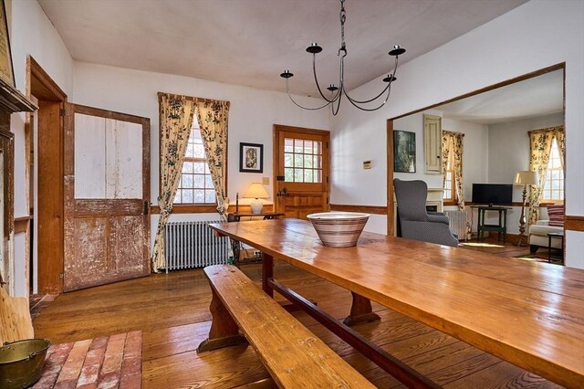 dining area featuring hardwood / wood-style flooring and radiator