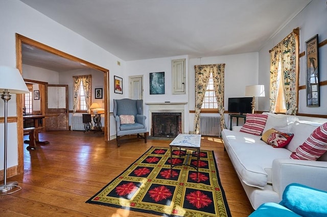 living area with a wealth of natural light, wood-type flooring, and a fireplace