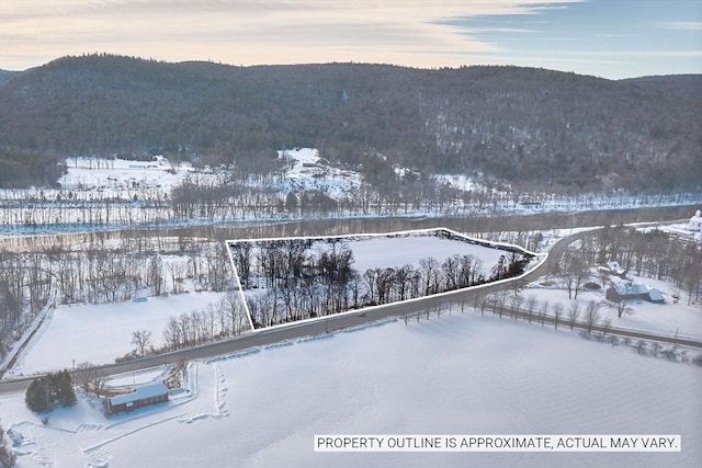 snowy aerial view with a wooded view and a mountain view