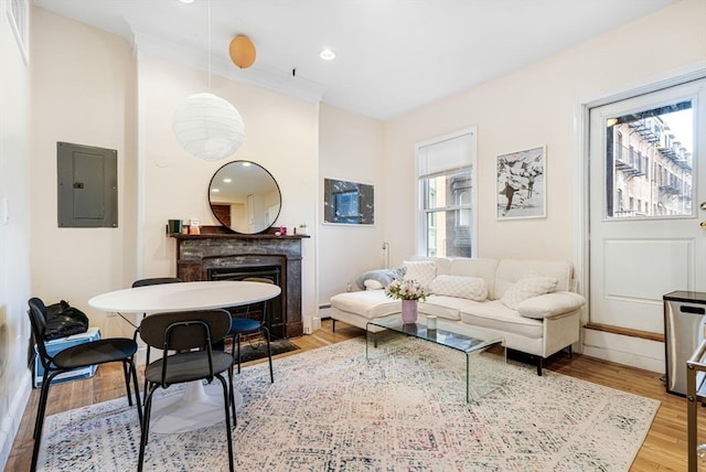 living area with electric panel, ornamental molding, and light wood-type flooring