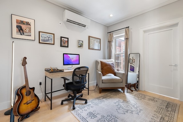 home office featuring light hardwood / wood-style flooring and a wall mounted air conditioner