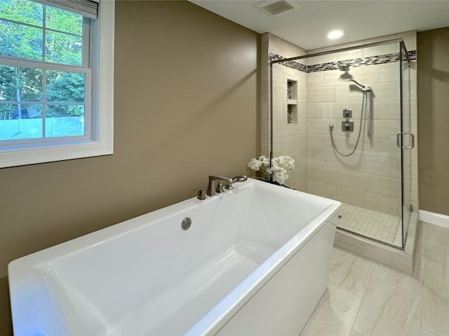 111 Country Club Pl, Southbridge, MA 01550 - full bathroom with a freestanding bath, a shower stall, and marble look tile flooring