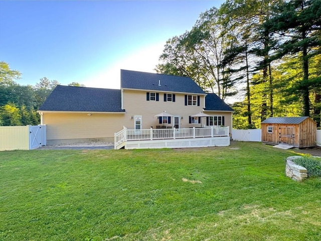 111 Country Club Pl, Southbridge, MA 01550 - rear view of house with a shed, a deck, a fenced backyard, a gate, and a shingled roof