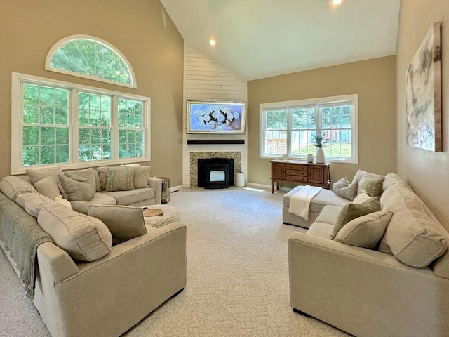 111 Country Club Pl, Southbridge, MA 01550 - living area featuring carpet flooring, high vaulted ceiling, a large fireplace, and recessed lighting