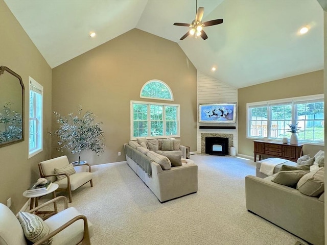 111 Country Club Pl, Southbridge, MA 01550 - carpeted living room featuring high vaulted ceiling, a fireplace, ceiling fan, plenty of natural light, and recessed lighting