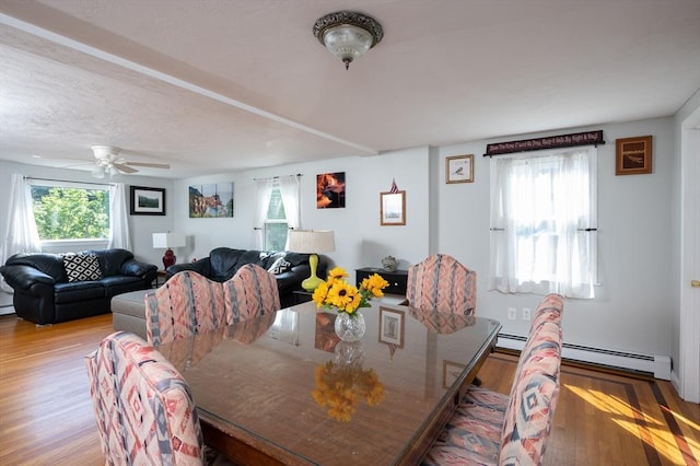 29 Wituwamat Rd, Weymouth, MA 02191 - dining room featuring light wood-style floors, healthy amount of natural light, a ceiling fan, and baseboard heating
