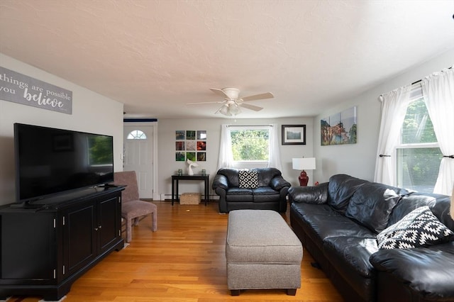 29 Wituwamat Rd, Weymouth, MA 02191 - living area featuring light wood-style floors, a ceiling fan, and a baseboard heating unit