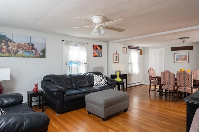 29 Wituwamat Rd, Weymouth, MA 02191 - living room featuring a baseboard radiator, light wood-style floors, and a ceiling fan