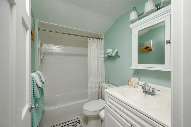 29 Wituwamat Rd, Weymouth, MA 02191 - bathroom featuring toilet, vanity, shower / bath combo with shower curtain, and vaulted ceiling