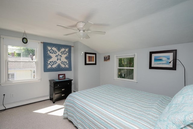 29 Wituwamat Rd, Weymouth, MA 02191 - carpeted bedroom with lofted ceiling, a baseboard heating unit, and a ceiling fan