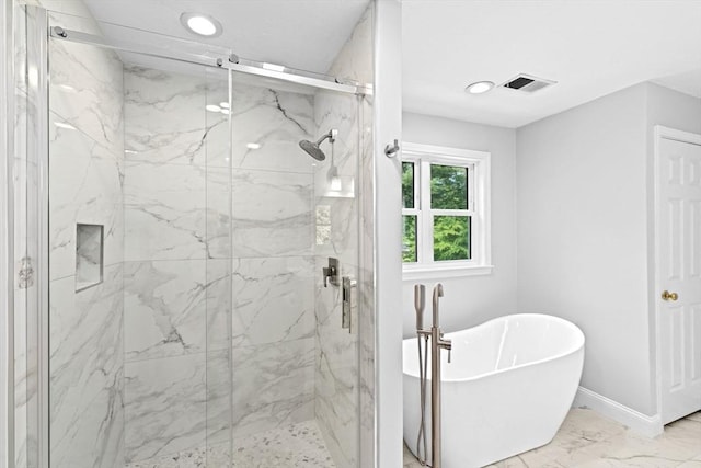 102 Saddleworth Way, Middleboro, MA 02346 - bathroom with a freestanding bath, marble finish flooring, a marble finish shower, and recessed lighting
