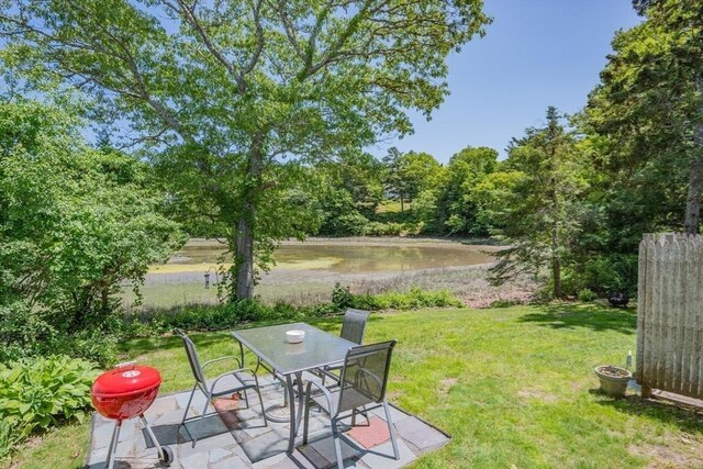22 Wallace Pt, Bourne, MA 02532 - view of grassy yard with a water view, outdoor dining area, and a patio