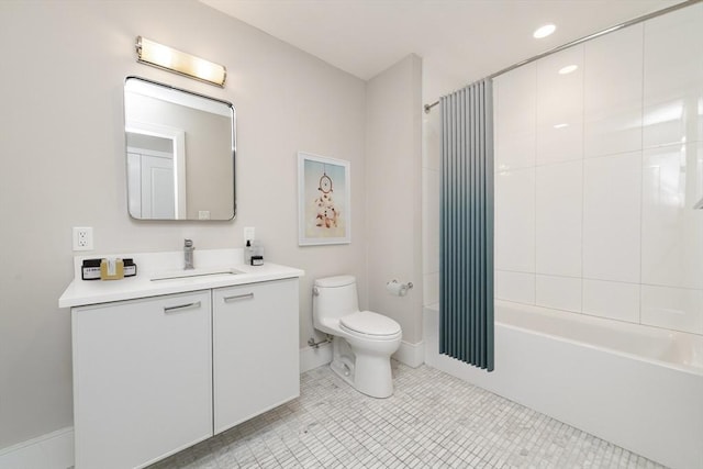 bathroom with shower / bathtub combination with curtain, toilet, vanity, tile patterned flooring, and baseboards