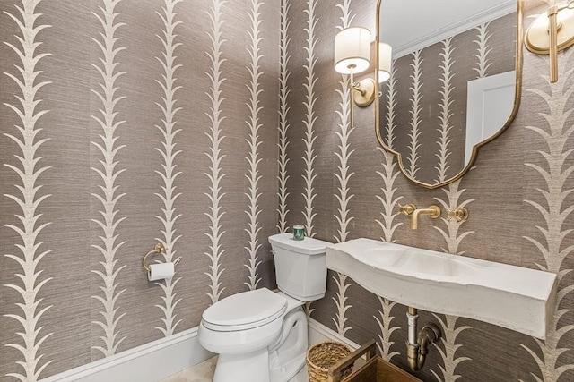 4 Norwood St, Winchester, MA 01890 - half bath featuring wallpapered walls and ornamental molding