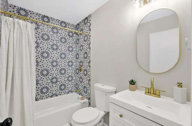 bathroom with toilet, vanity, and shower / bathtub combination with curtain