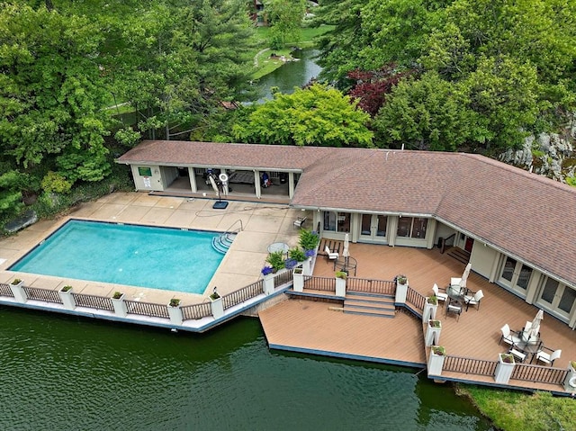99 Florence St Unit 40-2B, Newton, MA 02467 - outdoor pool featuring a deck with water view, a patio, and a dock