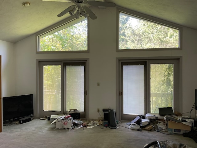 misc room with ceiling fan, carpet floors, and high vaulted ceiling