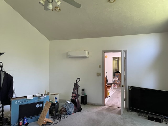 miscellaneous room with a wall mounted air conditioner, light colored carpet, and lofted ceiling