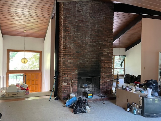 living room featuring beam ceiling, high vaulted ceiling, wood ceiling, and a brick fireplace