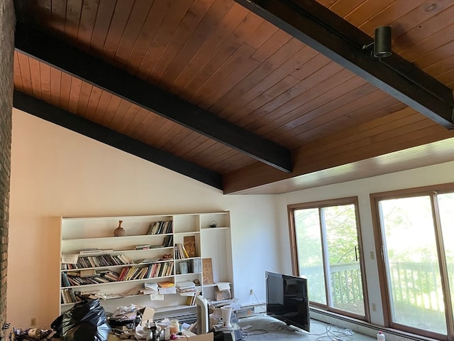 living area with vaulted ceiling with beams and wooden ceiling