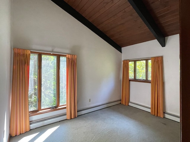 carpeted spare room featuring lofted ceiling with beams, wood ceiling, and baseboard heating