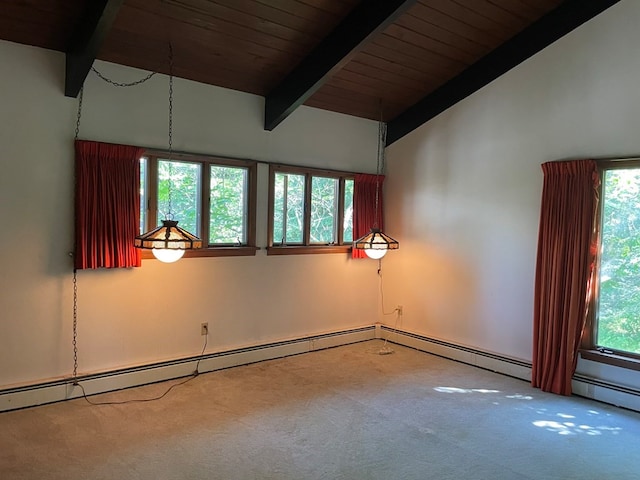 empty room featuring carpet, beam ceiling, high vaulted ceiling, and wooden ceiling