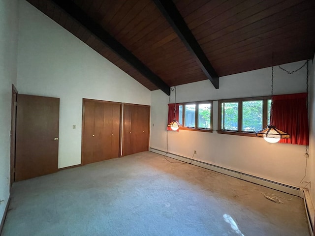 unfurnished bedroom featuring beam ceiling, baseboard heating, light carpet, and high vaulted ceiling